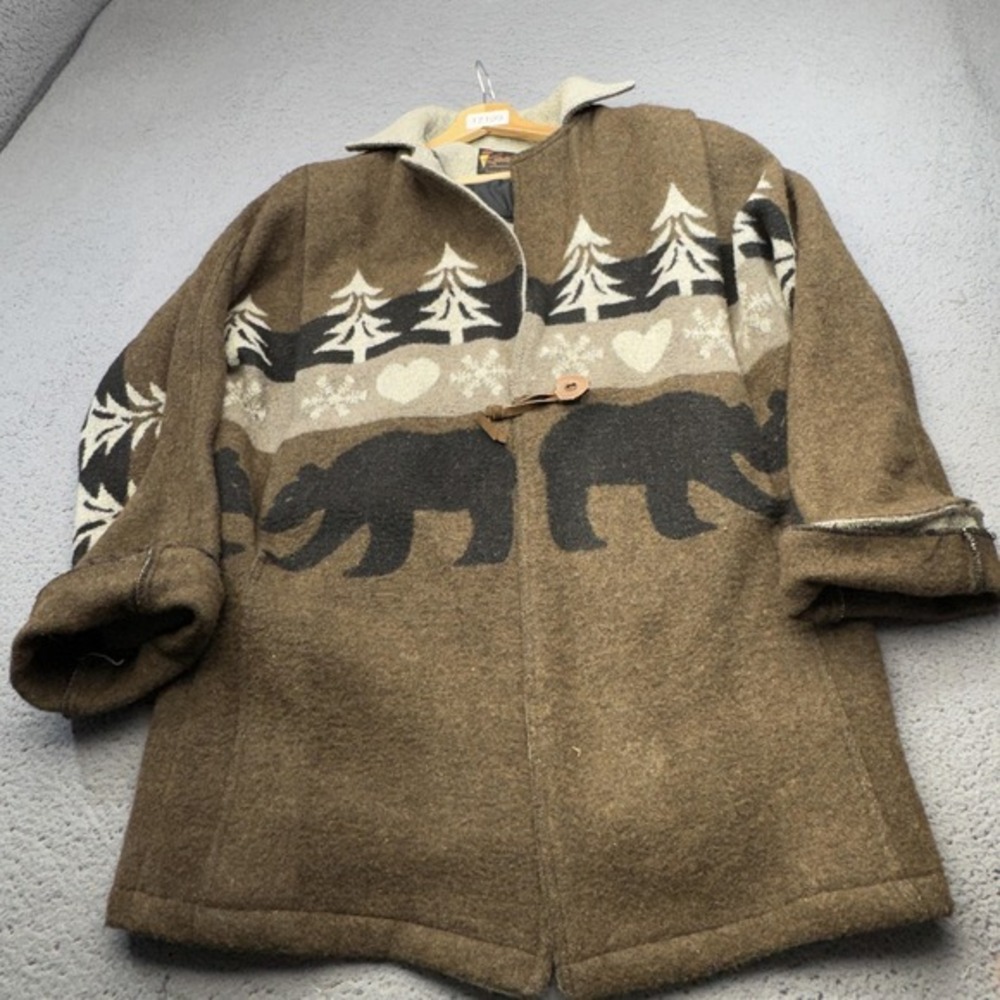 Vintage Bear Sweater Coat Womens XXL Brown Lodge Western Cabin Toggle Jacket USA
